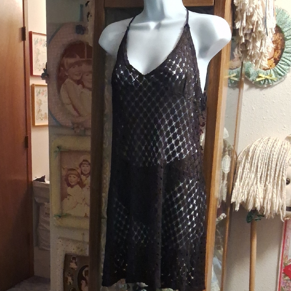 Vintage 90's,Super Sexy,Black,Semi transparent, Crochet Inspired, Nightgown🖤